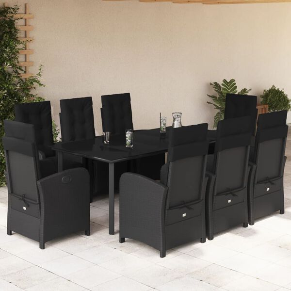 vidaXL Set de comedor de jard&iacute;n 9 pzas y cojines rat&aacute;n sint&eacute;tico negro