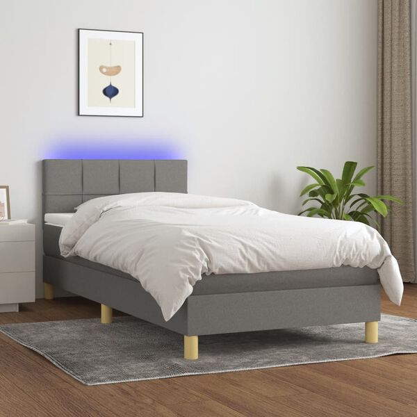 vidaXL Cama box spring con colchón y LED tela gris oscuro 100x200 cm