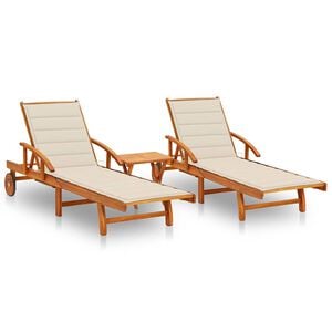 vidaXL Tumbonas con mesa y cojines 2 uds madera maciza de acacia