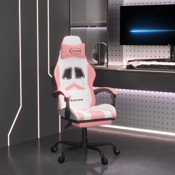vidaXL Silla gaming con reposapiés cuero sintético blanco y rosa