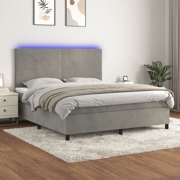 vidaXL Cama box spring colch&oacute;n y LED terciopelo gris claro 160x200 cm