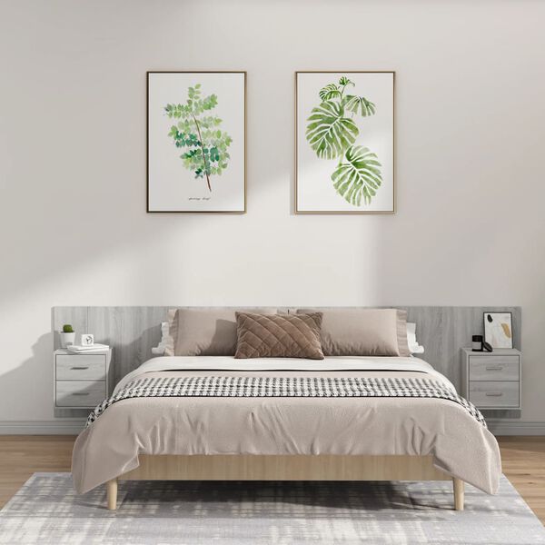 vidaXL Cabecero de cama y mesitas madera contrachapada gris Sonoma