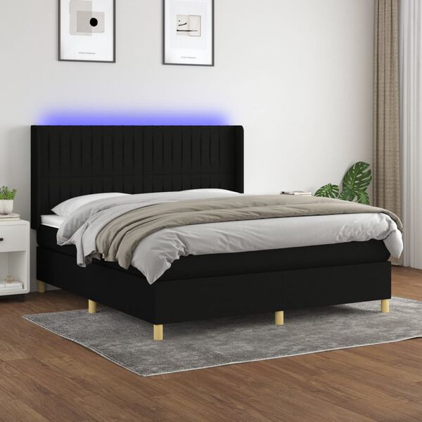 vidaXL Cama box spring colch&oacute;n y luces LED tela negro 160x200 cm