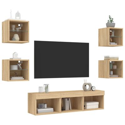 vidaXL Muebles TV pared con LED 7 pzas madera ingeniería roble Sonoma
