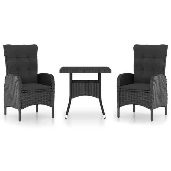 vidaXL Set de comedor de jardín 3 pzas ratán sintético y vidrio negro
