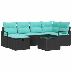 vidaXL Juego de Sof&aacute; 7 uds. 6 plaza Negro y Turquesa rat&aacute;n sint&eacute;tico