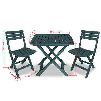 vidaXL Mesa y sillas bistró de jardín plegables 3 pzas plástico verde