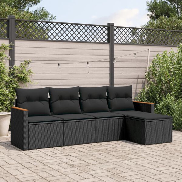 vidaXL Set de muebles de jard&iacute;n 5 pzas y cojines rat&aacute;n sint&eacute;tico negro