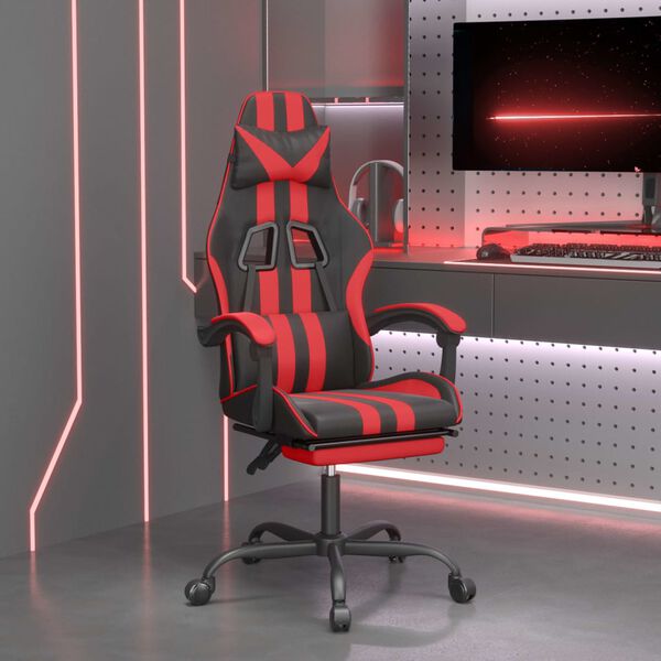 vidaXL Silla gaming giratoria y reposapi&eacute;s cuero sint&eacute;tico negro rojo