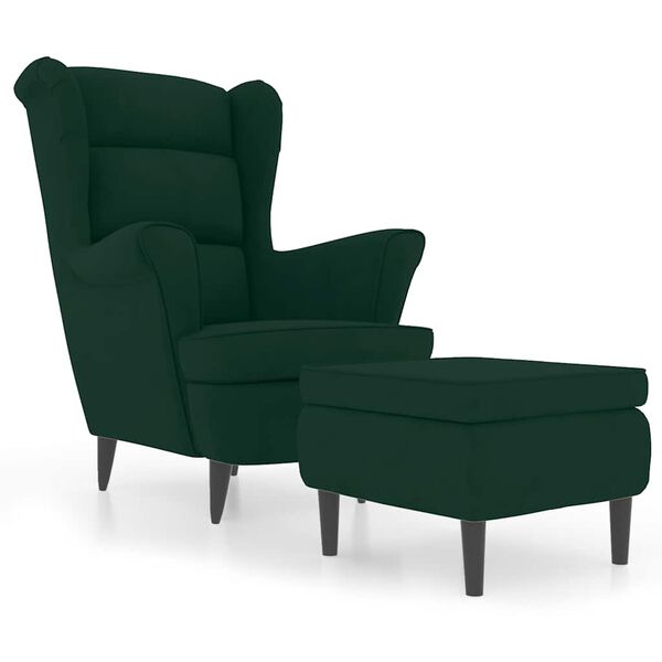 vidaXL Sill&oacute;n orejero y taburete de terciopelo verde oscuro