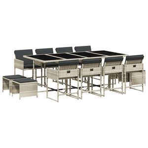 vidaXL Set comedor jard&iacute;n y cojines 13 pzas rat&aacute;n sint&eacute;tico gris claro