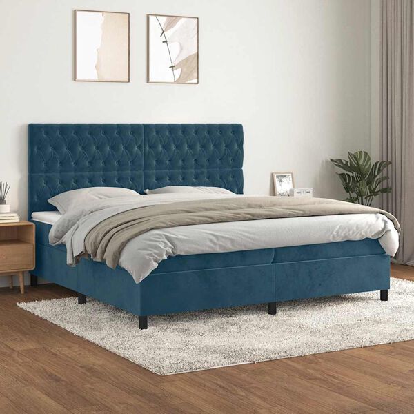 vidaXL Cama box spring con colch&oacute;n terciopelo azul oscuro 200x200 cm