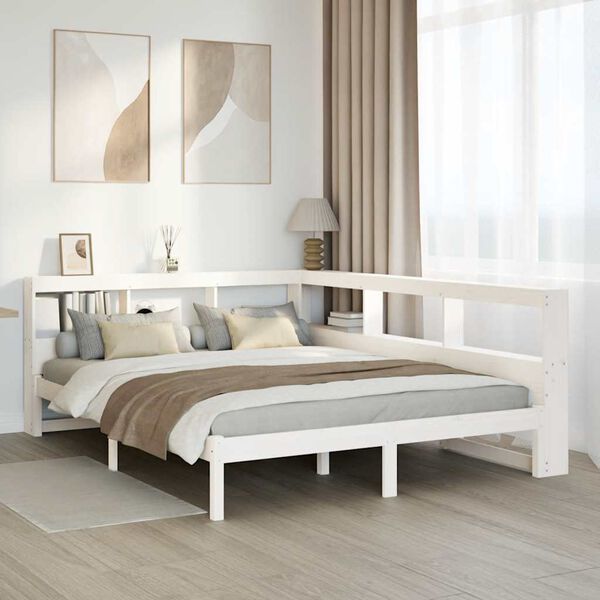 vidaXL Cama con estanter&iacute;a sin colch&oacute;n madera maciza blanca 140x190 cm