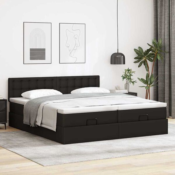 vidaXL Cama otomana colchón y LED cuero sintético negro 180x200 cm