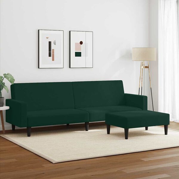 vidaXL Sof&aacute; cama de 2 plazas con taburete terciopelo verde oscuro