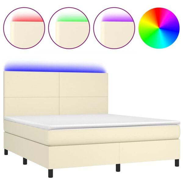 vidaXL Cama box spring colch&oacute;n y LED cuero sint&eacute;tico crema 180x200 cm