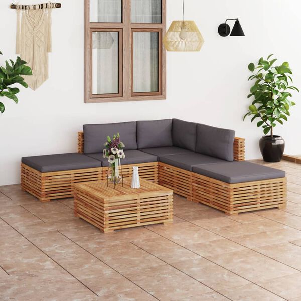vidaXL Muebles de jard&iacute;n 6 pzas cojines gris oscuro madera maciza teca