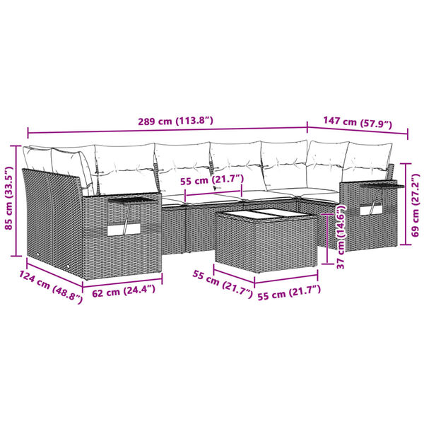 vidaXL Set de sof&aacute;s de jard&iacute;n 8 pzas y cojines rat&aacute;n sint&eacute;tico gris