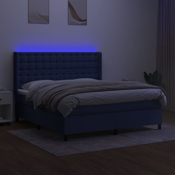 vidaXL Cama box spring colch&oacute;n y luces LED tela azul 160x200 cm