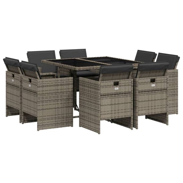 vidaXL Set comedor jard&iacute;n 9 pzas y cojines rat&aacute;n sint&eacute;tico gris