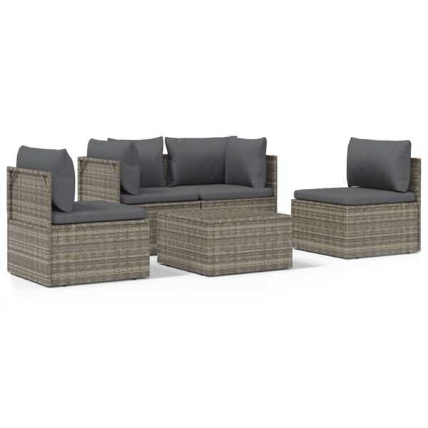 vidaXL Set de muebles de jard&iacute;n 5 pzas y cojines rat&aacute;n sint&eacute;tico gris