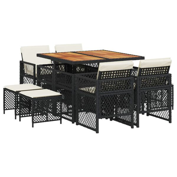 vidaXL Set de comedor de jard&iacute;n 9 pzas y cojines rat&aacute;n sint&eacute;tico negro