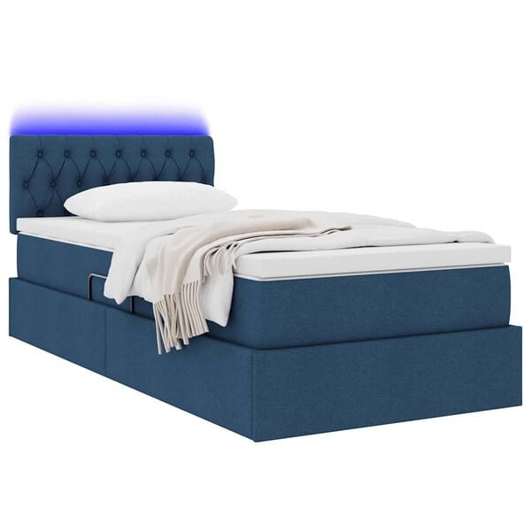 vidaXL Cama con almacenamiento y LED con colch&oacute;n Azul 90 x 200 cm tela