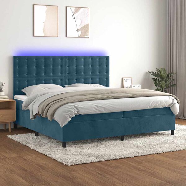 vidaXL Cama box spring colch&oacute;n y LED terciopelo azul oscuro 200x200 cm