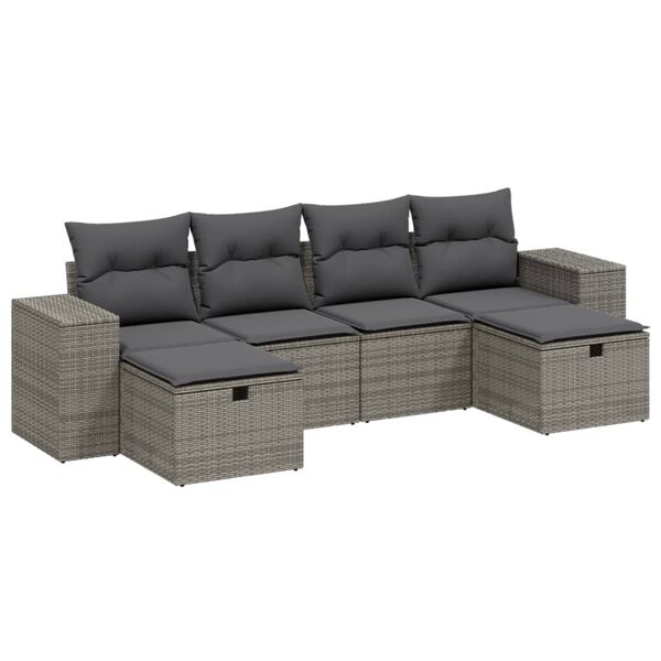 vidaXL Set de muebles de jard&iacute;n 6 pzas y cojines rat&aacute;n sint&eacute;tico gris