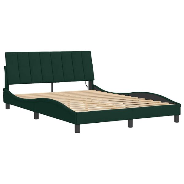vidaXL Estructura de cama con LED sin colch&oacute;n Hanko terciopelo verde oscuro 140x200 cm