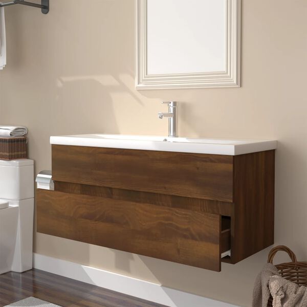 vidaXL Mueble de ba&ntilde;o con lavabo madera contrachapada marr&oacute;n roble