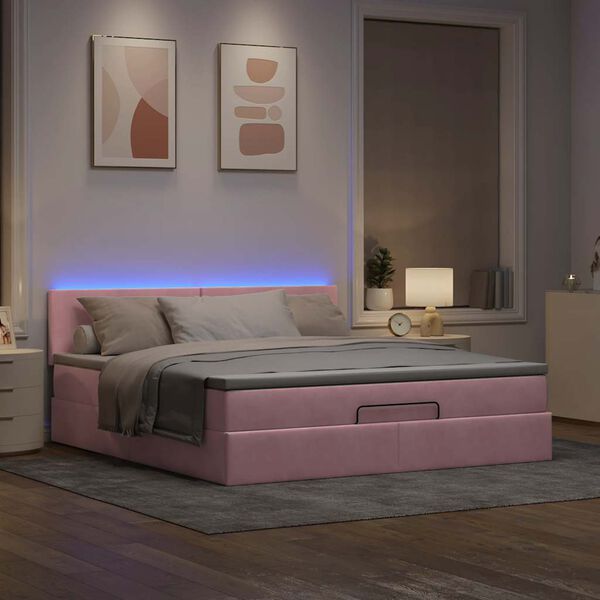 vidaXL Cama otomana con colch&oacute;n y LED terciopelo rosa 180x200cm