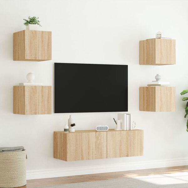 vidaXL Muebles de TV de pared con luces LED 5 piezas roble Sonoma