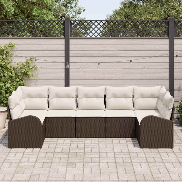 vidaXL Conjunto de sof&aacute;s de jard&iacute;n 7 pcs Marr&oacute;n y rat&aacute;n sint&eacute;tico