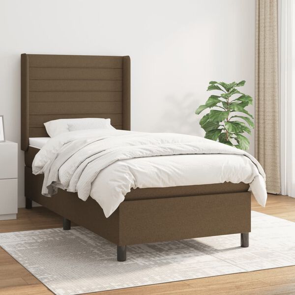 vidaXL Cama box spring con colch&oacute;n tela marr&oacute;n oscuro 90x200 cm