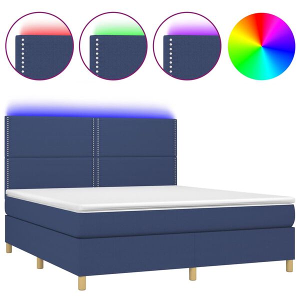 vidaXL Cama box spring colch&oacute;n y luces LED tela azul 180x200 cm