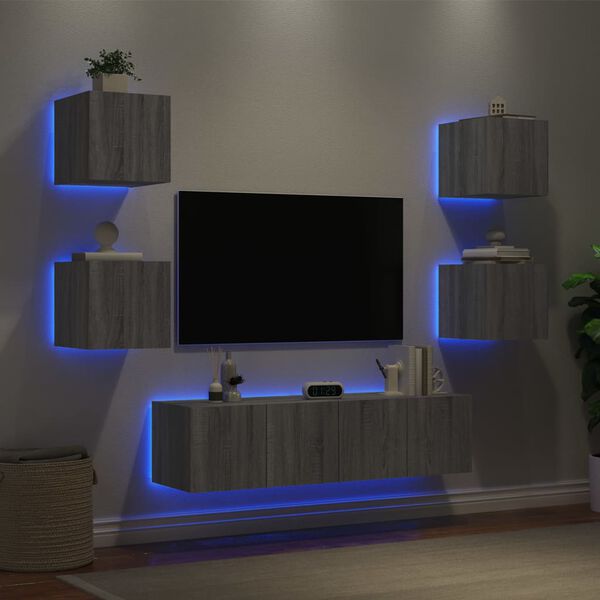vidaXL Muebles TV pared con LED 6 pzas madera ingenier&iacute;a gris Sonoma