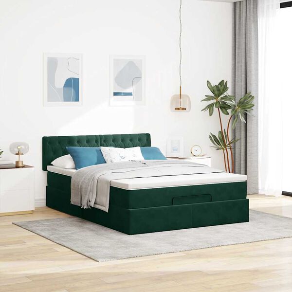 vidaXL Estructura de cama otomana con colch&oacute;n verde oscuro 140x200 cm