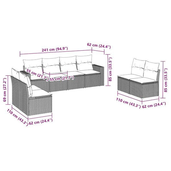 vidaXL Set sof&aacute;s de jard&iacute;n 8 piezas y cojines rat&aacute;n sint&eacute;tico marr&oacute;n