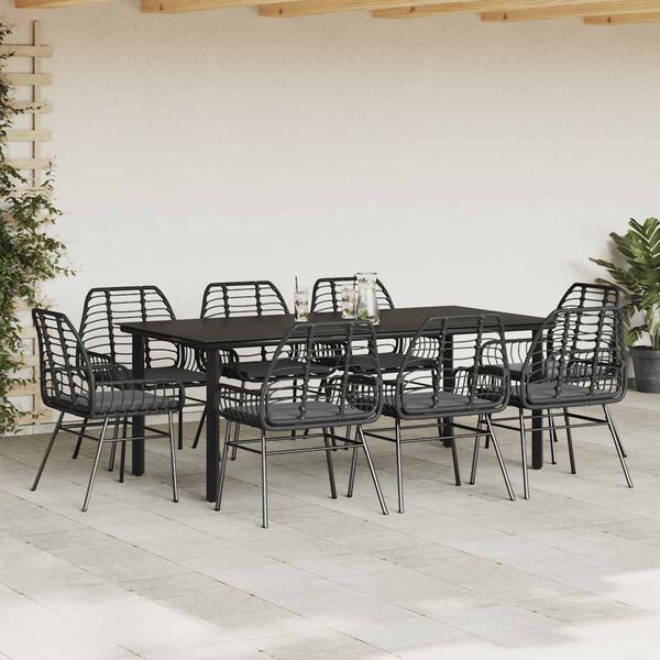 vidaXL Set de comedor jardín 9 piezas cojines ratán polivinílico negro