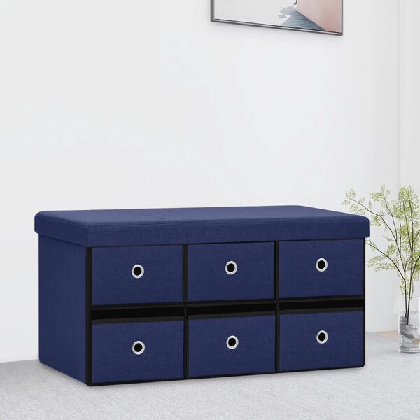 vidaXL Banco de almacenaje plegable lino sint&eacute;tico azul 76x38x38 cm