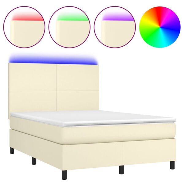 vidaXL Cama box spring colch&oacute;n y LED cuero sint&eacute;tico crema 140x190 cm