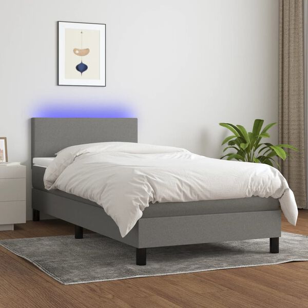 vidaXL Cama box spring con colch&oacute;n y LED tela gris oscuro 90x190 cm