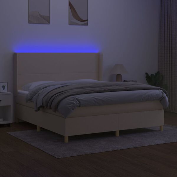 vidaXL Cama box spring colch&oacute;n y luces LED tela crema 180x200 cm