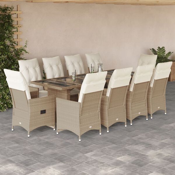 vidaXL Set de mesa y sillas de jard&iacute;n 11 pzas y cojines rat&aacute;n PE beige