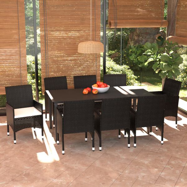 vidaXL Set de comedor de jard&iacute;n 9 pzas y cojines rat&aacute;n sint&eacute;tico negro