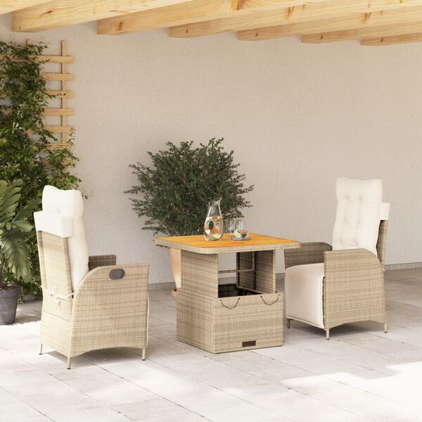 vidaXL Set comedor de jard&iacute;n 3 pzas con cojines rat&aacute;n sint&eacute;tico beige