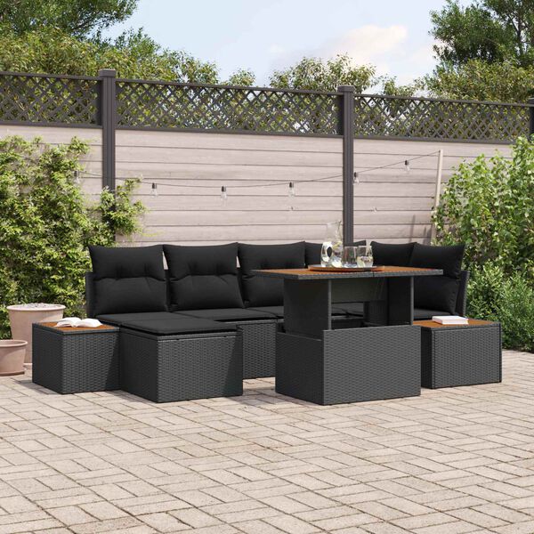 vidaXL Conjunto de sof&aacute; de jard&iacute;n 7 pcs Negro Polirat&aacute;n