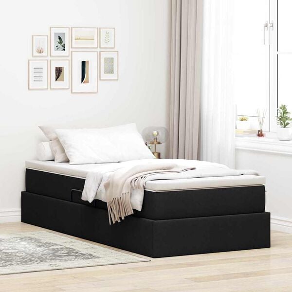 vidaXL Cama con almacenamiento y colch&oacute;n Negro 90 x 190 cm Poli&eacute;ster
