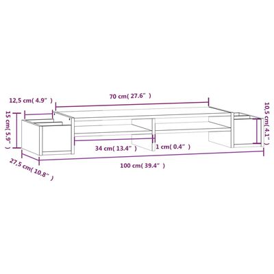 vidaXL Soporte para monitor madera maciza pino blanco 100x27,5x15 cm